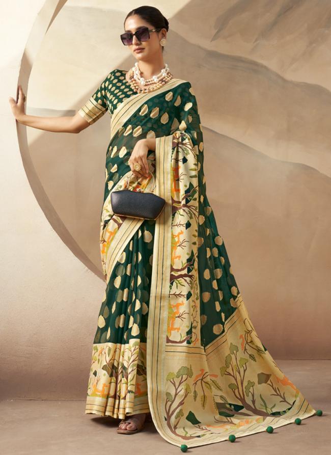 Georgette Green Ceremonial Wear Weaving  Saree